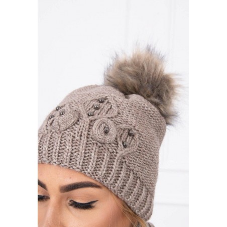 Dámska súprava čiapky a šálu K130 - tmavobéžová