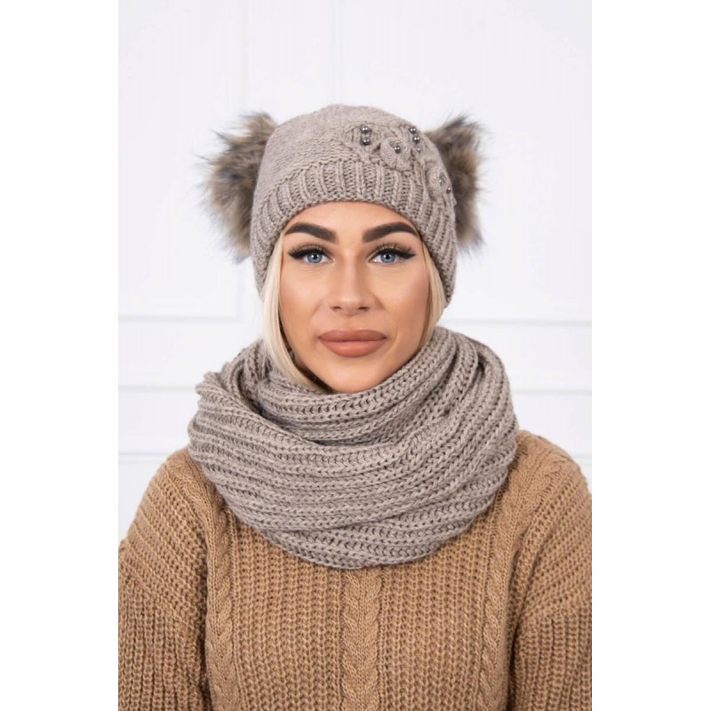 Dámska súprava čiapky a šálu K131 - tmavobéžová
