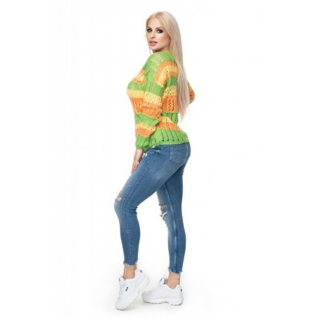 Dámsky ažúrový sveter 30060 - neónovo zelený-oranžový