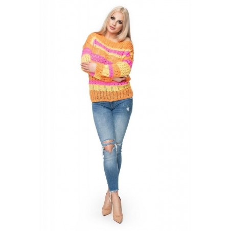 Dámsky ažúrový sveter 30060 - neónovo ružový-žltý