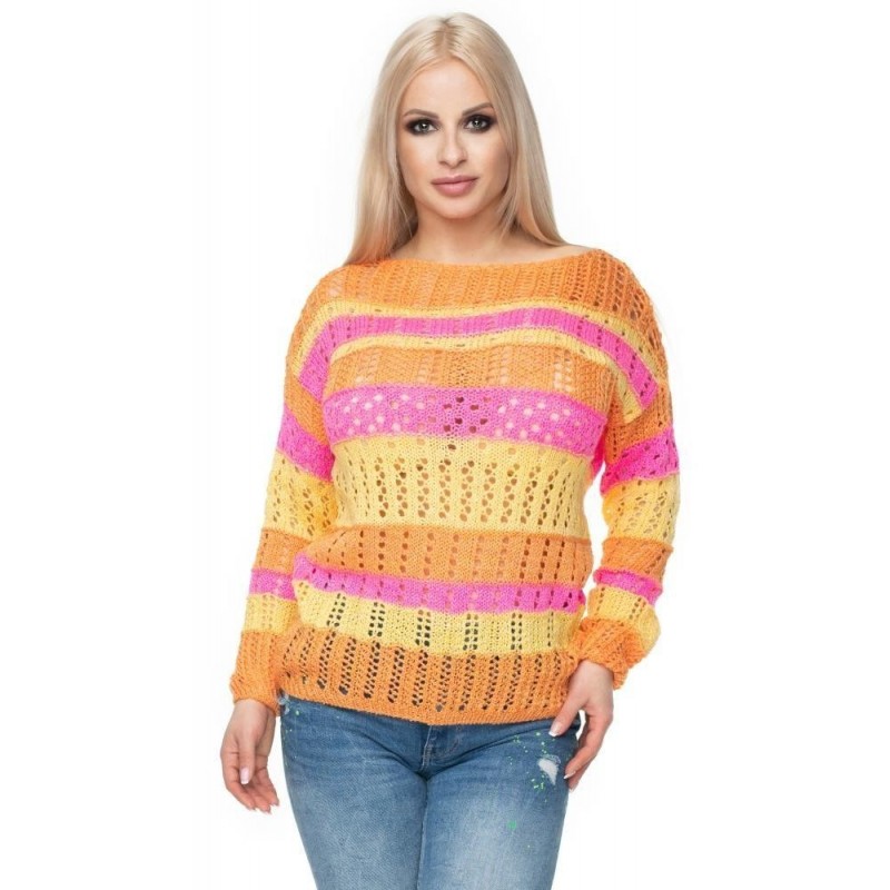 Dámsky ažúrový sveter 30060 - neónovo ružový-žltý