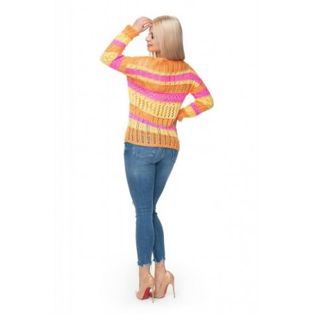 Dámsky ažúrový sveter 30060 - neónovo ružový-žltý