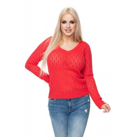 Ažúrový sveter pre dámy 70018 - neónovo korálový