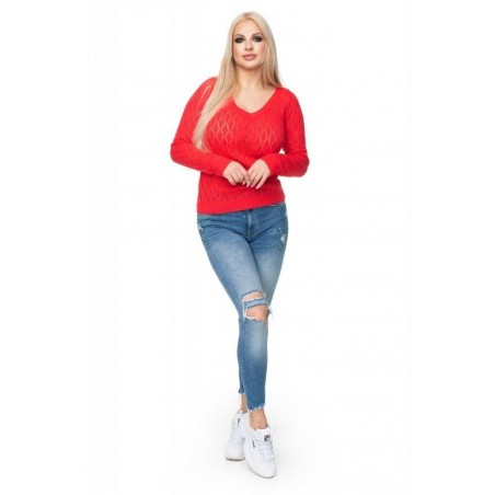 Ažúrový sveter pre dámy 70018 - neónovo korálový