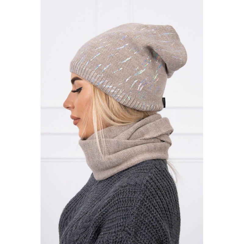 Súprava pre dámy čiapka a šál K137 - tmavobéžová