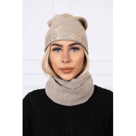 Dámska súprava čiapky a šálu K140 - tmavobéžová