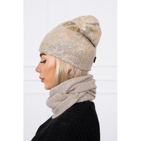 Dámska súprava čiapky a šálu K140 - tmavobéžová