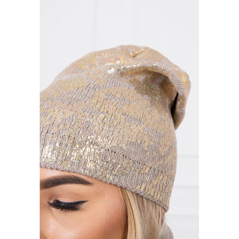 Dámska súprava čiapky a šálu K140 - tmavobéžová