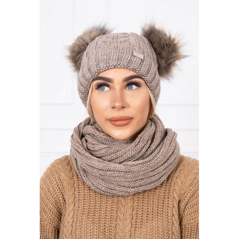 Tmavobéžová dámska súprava čiapka a šál K132