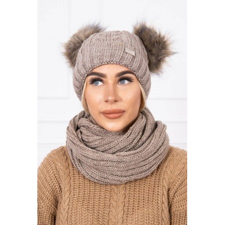 Tmavobéžová dámska súprava čiapka a šál K132