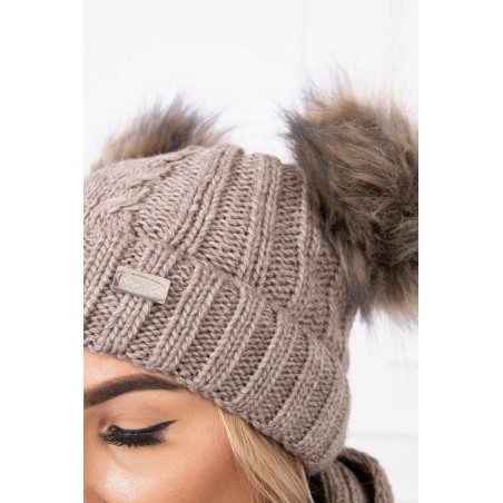 Tmavobéžová dámska súprava čiapka a šál K132