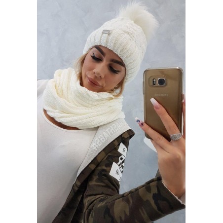 Ecru dámska súprava čiapka a šál K150