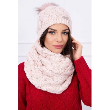 Dámska súprava čiapka a šál K112 - púdrovo svetloružová