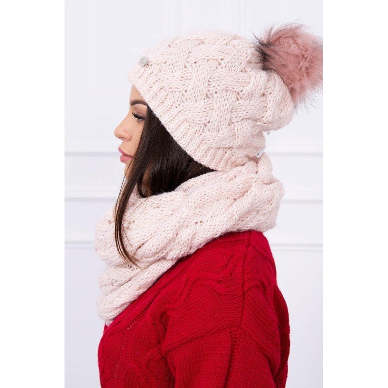 Dámska súprava čiapka a šál K112 - púdrovo svetloružová