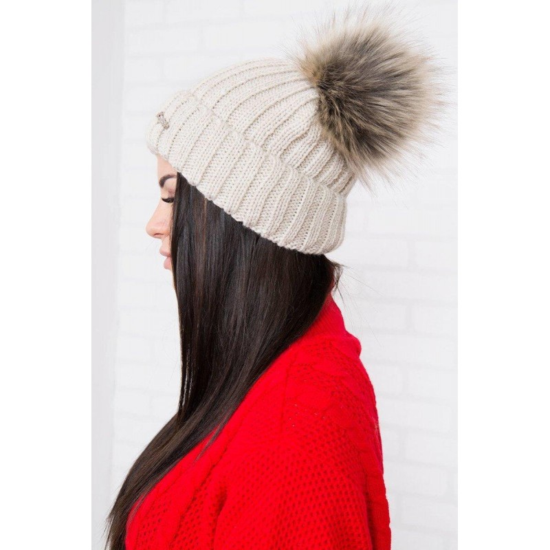 Dámska čiapka s dvomi brmbolcami 2 pompony - svetlobéžová