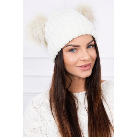 Dámska čiapka s dvomi brmbolcami 2 pompony - ecru