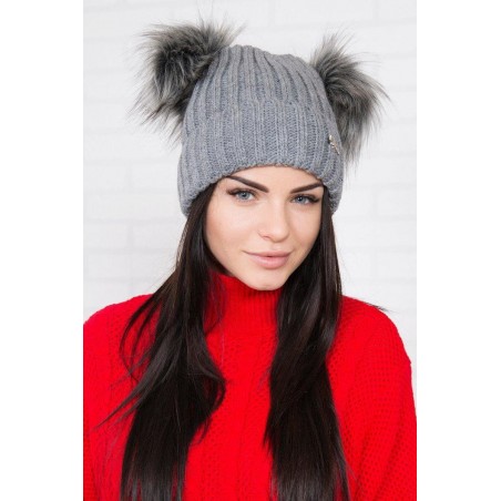 Dámska čiapka s dvomi brmbolcami 2 pompony - tmavosivá
