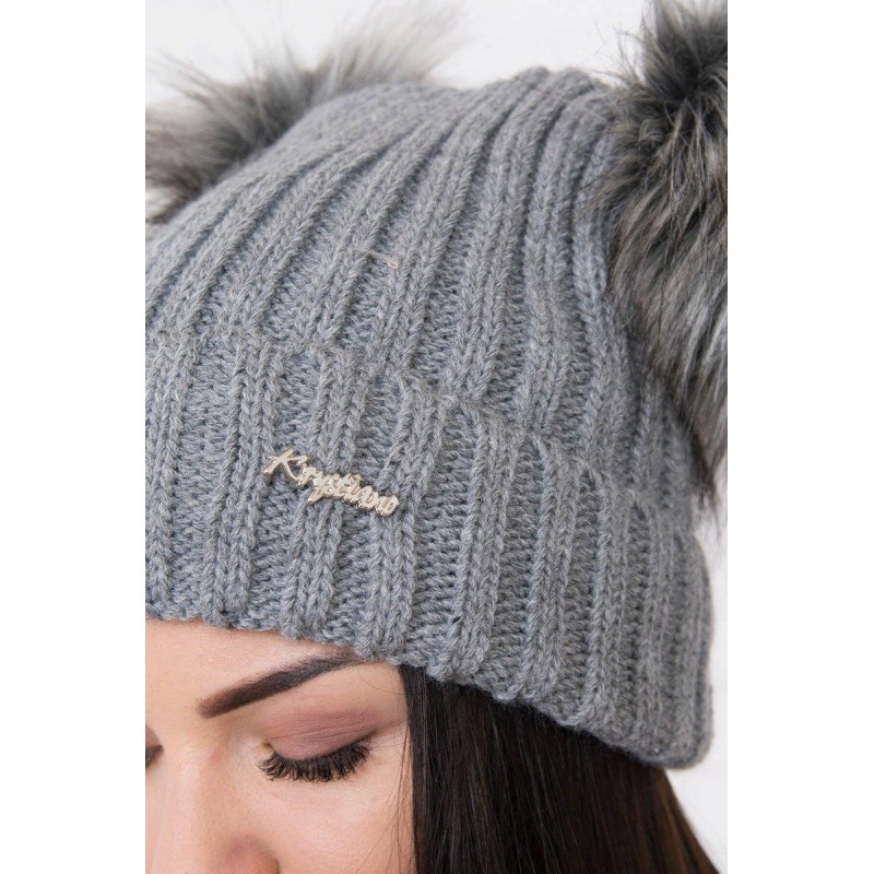 Dámska čiapka s dvomi brmbolcami 2 pompony - tmavosivá