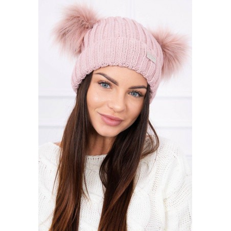 Dámska čiapka s dvomi brmbolcami 2 pompony - tmavoružová