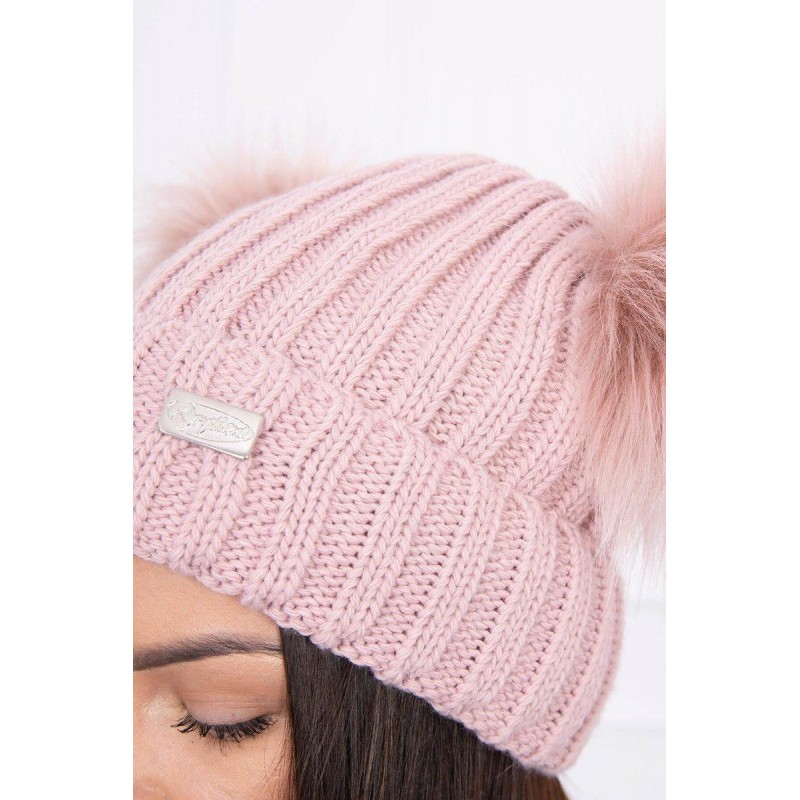 Dámska čiapka s dvomi brmbolcami 2 pompony - tmavoružová