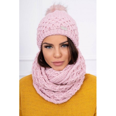 Dámska čiapka a šál K119 - púdrovo ružová