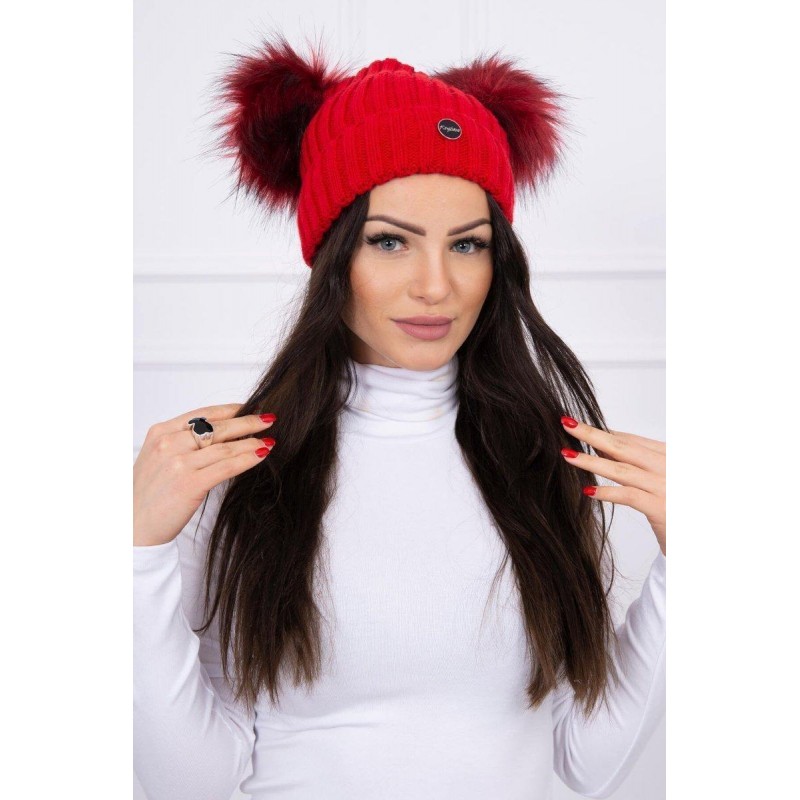 Dámska čiapka s dvomi brmbolcami 2 pompony - červená