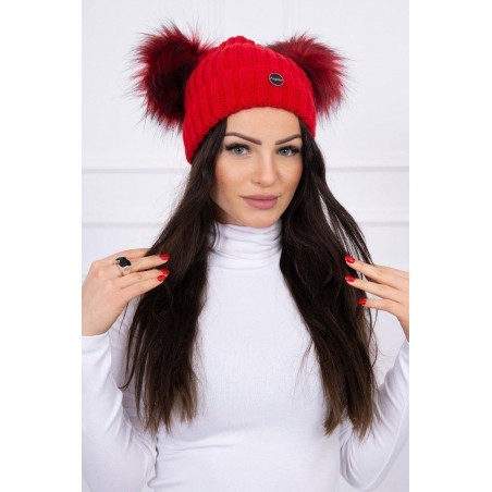 Dámska čiapka s dvomi brmbolcami 2 pompony - červená
