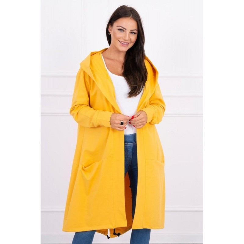 Horčicový dámsky kardigán s kapucňou 0044