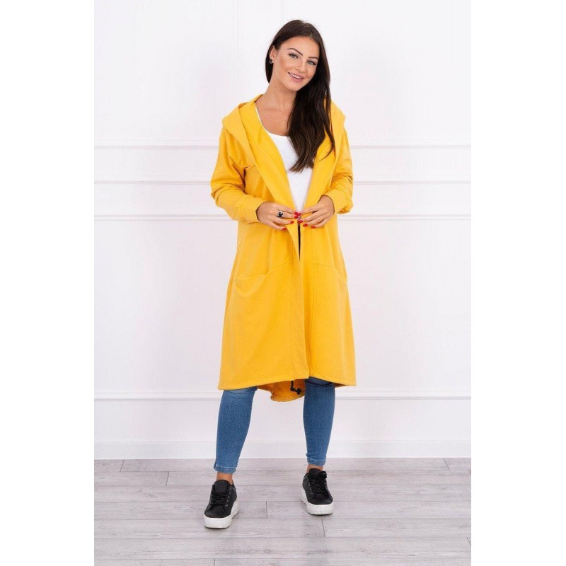 Horčicový dámsky kardigán s kapucňou 0044
