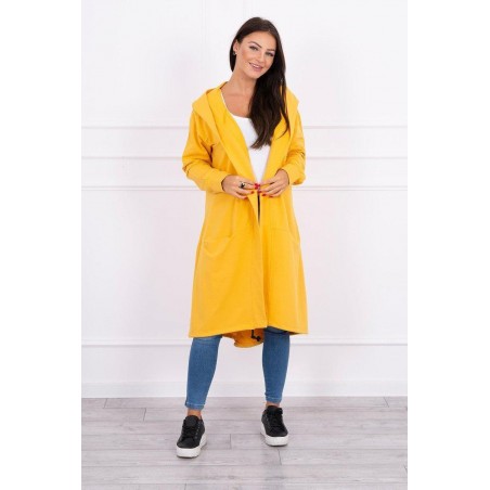 Horčicový dámsky kardigán s kapucňou 0044
