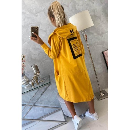 Horčicový dámsky kardigán s kapucňou 0044