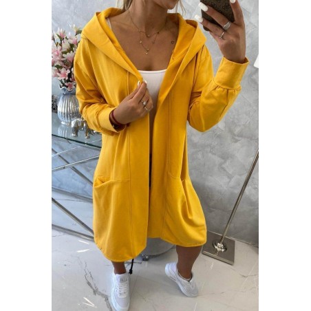 Horčicový dámsky kardigán s kapucňou 0044