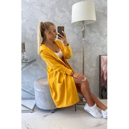 Horčicový dámsky kardigán s kapucňou 0044