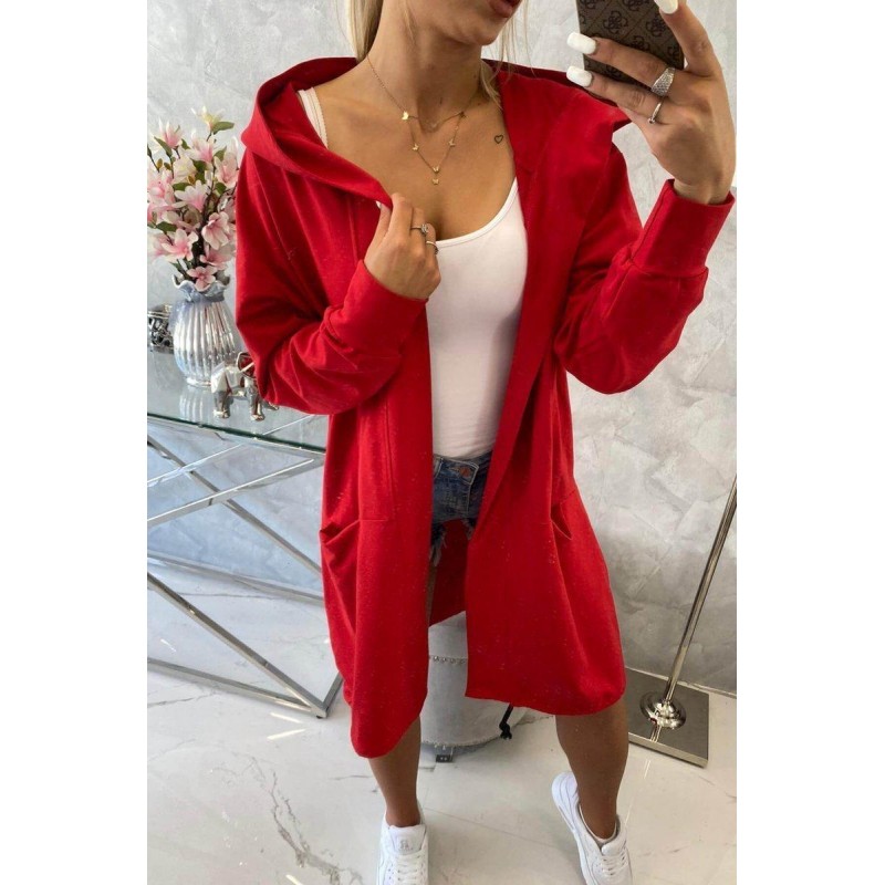 Červený dámsky kardigán s kapucňou 0044