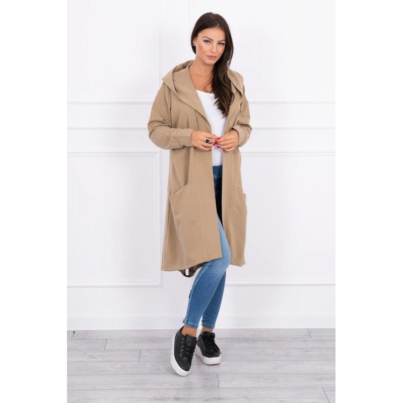 Kamelový dámsky kardigán s kapucňou 0044