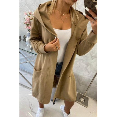 Kamelový dámsky kardigán s kapucňou 0044