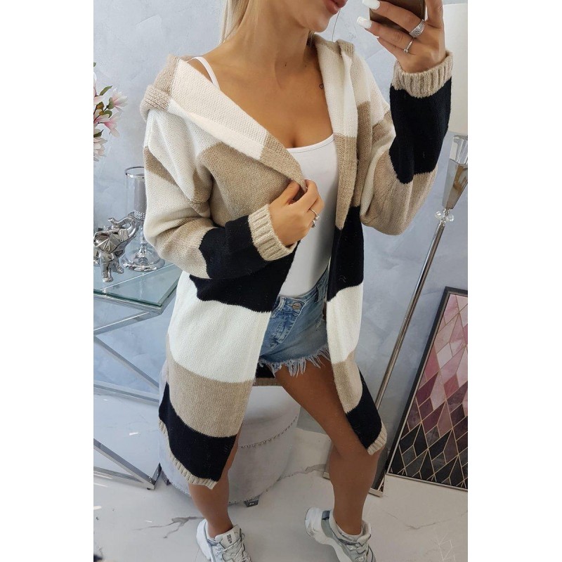 Pruhovaný dámsky kardigán 2019-25 - ecru-béžový-čierny