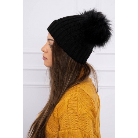 Dámska čiapka s dvomi brmbolcami 2 pompony - čierna