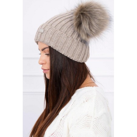Dámska čiapka s dvomi brmbolcami 2 pompony - tmavobéžová