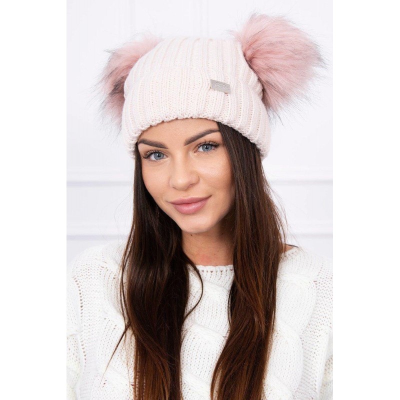 Dámska čiapka s dvomi brmbolcami 2 pompony - svetloružová