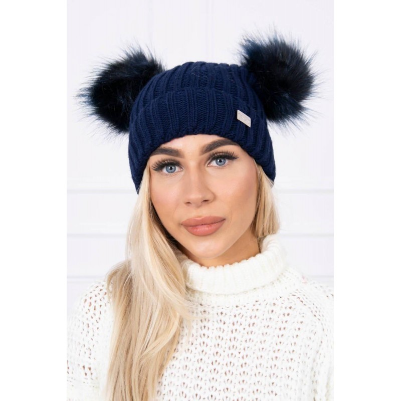 Dámska čiapka s dvomi brmbolcami 2 pompony - námornícka modrá