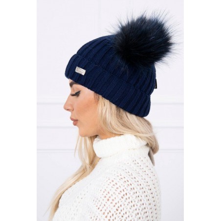 Dámska čiapka s dvomi brmbolcami 2 pompony - námornícka modrá