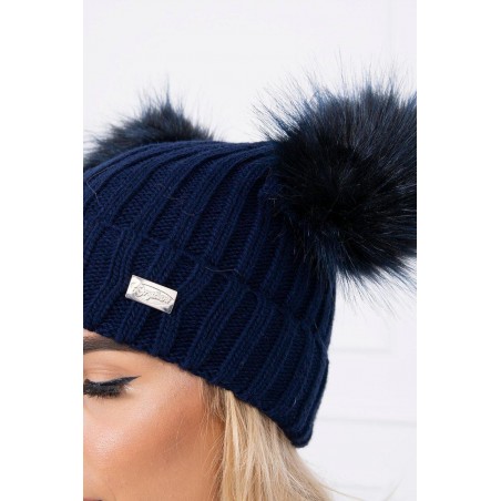 Dámska čiapka s dvomi brmbolcami 2 pompony - námornícka modrá