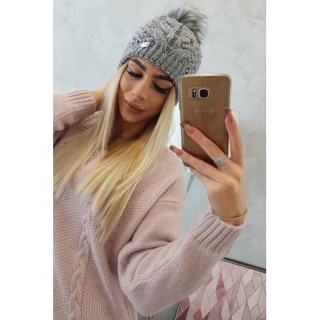Dámska pletená čiapka s brmolcom K166 - tmavosivá
