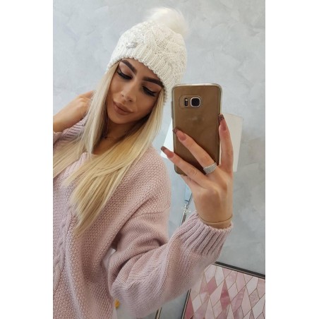 Dámska pletená čiapka s brmolcom K166 - ecru