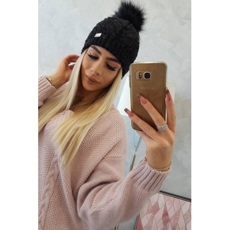 Dámska pletená čiapka s brmolcom K166 - čierna