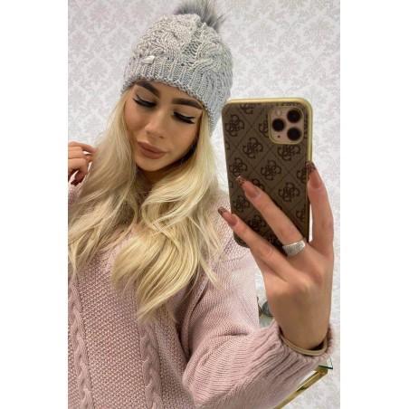 Dámska pletená čiapka s brmolcom K166 - svetlosivá