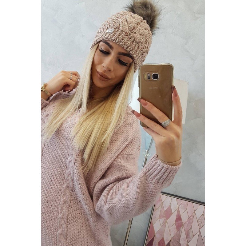 Dámska pletená čiapka s brmolcom K166 - tmavobéžová