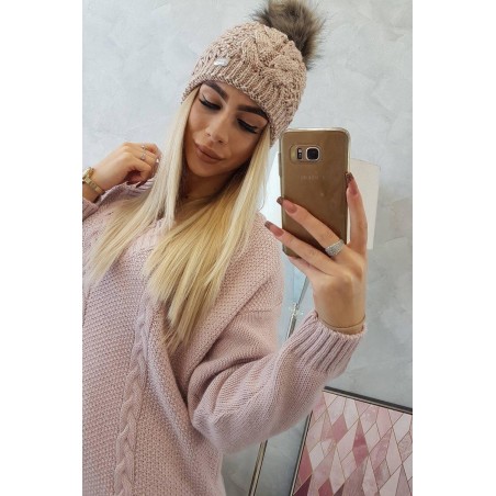 Dámska pletená čiapka s brmolcom K166 - tmavobéžová