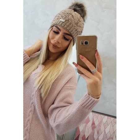 Dámska pletená čiapka s brmolcom K166 - capuccino